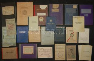 25 db magyar és külföldi okmány, útlevél, munkakönyv, igazolvány, tagsági könyv a XX. század elejétől a végéig