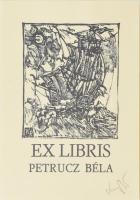 König (Kőnig) Róbert (1951-2014): Ex libris Petrucz Béla. Fametszet, papír, jelzett, papírlapra kasírozva, 10x6,5 cm