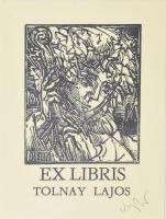 König (Kőnig) Róbert (1951-2014): Ex libris Tolnay Lajos. Fametszet, papír, jelzett, kartonra kasírozva, 11,5x7 cm