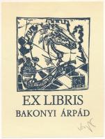 König (Kőnig) Róbert (1951-2014): Ex libris Bakonyi Árpád. Fametszet, papír, jelzett, kartonra kasírozva, 9x6,5 cm