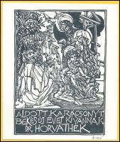 König (Kőnig) Róbert (1951-2014): Áldott karácsonyt, békés új évet kívánnak Dr. Horváthék. Fametszet, papír, jelzett, kartonra kasírozva, 11,5x8 cm