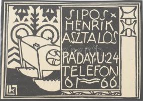 cca 1910 Kozma Lajos (1884-1948): "Sipos Henrik Asztalos. Ráday u. 24. Telefon 61-66.", reklám grafika, papír, klisé, jelzett a dúcon, kartonra kasírozva, 7x9 cm