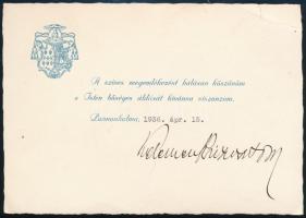 Kelemen Krizosztom (1884-1950) pannonhalmi főapát aláírása üdvözlőlapon