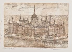 Kádas István (1941-): Parlament, Budapest. Rézkarc, papír, jelzett, 13×19 cm