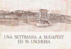 cca 1930 Una Settimana a Budapest ed in Ungheria. Guide della Societa Anonima de Turismo Budapest. Bp., én., Hornyánszky Viktor-ny., 58 p. Olasz nyelven. Fekete-fehér fotókkal illusztrált. Korabeli reklámokkal. Kiadói haránt-alakú papírkötés, kissé foltos borítóval.