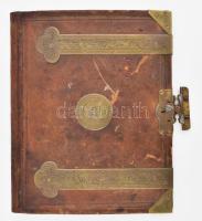 Írókészlet lúdtollhegyező, pecsétnyomó stb, bőr mappában. Gilosált réz veretekkel, eredeti réz kulcc...