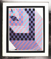 Victor Vasarely (1908-1997): Op-art kompozíció. Computer print, papír, utólagos jelzéssel. 53x45 cm.