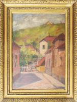 Olvashatatlan jelzéssel: Pismány, Szentendre. Olaj, karton, sérült. Dekoratív fakeretben, 46,5×33 cm