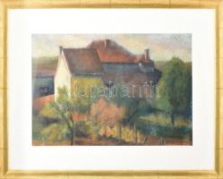 Borbély Béla (194?-2019): Egri reggel. Zsírkréta, papír, jelezve jobbra lent, hátoldalán autográf felirattal. Dekoratív, üvegezett fakeretben. 34x49 cm.