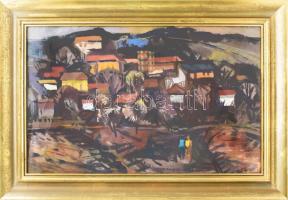 Kengyel Zoltán (1932-1989): Bükki falurészlet sétálókkal, 1966. Tempera, karton, jelezve balra lent. Dekoratív, üvegezett fakeretben. 36x57 cm