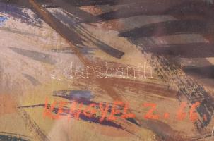 Kengyel Zoltán (1932-1989): Bükki falurészlet sétálókkal, 1966. Tempera, karton, jelezve balra lent....