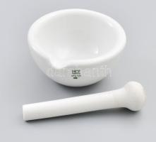 Antik német porcelán mozsár, törővel, jelzett, kopással, d: 11,5 cm, törő h: 13,5 cm