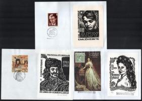 Írók, költők 7 db halmozott grafika: ex libris, bélyeg, bélyegzés azonos témában. közötte József Att...