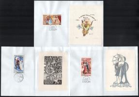 Zenészek, zene 5 db halmozott grafika: ex libris, bélyeg, bélyegzés azonos témában. kb 20x14 cm
