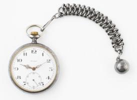 Doxa fegyveracél nyitott zsebóra, szép számlap, jelzett tok, működő, jó állapotban 50 mm hozzá fém óralánc