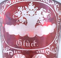 19. sz vége, Glück feliratos bíborpácolt biedermeier vadászkehely, kopással, m: 13,5 cm