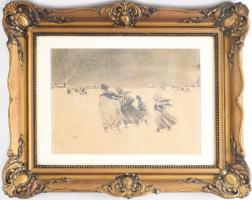 Pataky László (1857-1912): Vasárnapi misére menet vegyes technika, papír jelzett, 24x34 cm Üvegezett keretben