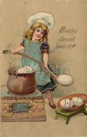 Easter, egg cooking girl, golden decoration, S.B. 2304 H. Emb. litho (pinhole)