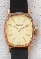 Roamer svájci női mechanikus karóra, arany (Au) 14k óratesttel, jelzett, bőr szíjjal, eredeti kissé viseltes dobozában, működik / Roamer Swiss ladies mechanical wristwatch, gold (AU 14C) bodyclok, with leather watch strap, with little bit damaged original box, working
