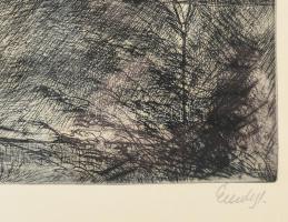 Élesdy István (1912-1987): Vároldal. Rézkarc, papír, jelzett. Üvegezett keretben 29x51 cm