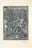 König (Kőnig) Róbert (1951-2014): Ex libris Dickinson College Library. Klisényomat, papír, jelzett, sarkaiban papírra rögzítve, 10x7,5 cm