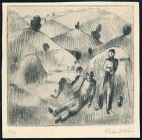 Pohárnok Zoltán (1905-1976): Pihenő. Rézkarc, papír, jelzett, 9x10 cm