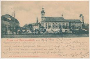 1899 (Vorläufer) Nagyszeben, Hermannstadt, Sibiu; Grosser Ring / Piactér, templom. G. A. Seraphin kiadása / market square, church