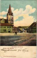 1912 Nagydisznód, Heltau, Cisnadie; Marktplatz mit Kirche / Piactér, Evangélikus erődtemplom. Verlag Konsumverein / market square, Lutheran castle church (EK)