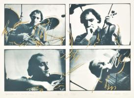 Győrffy Sándor (1951-): Invention by a green violin I., 1985. Ofszet, szitanyomat, papír, jelzett, számozott (1/35), lapméret: 30×42 cm