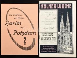 1913 Kölner Woche. IXéme année. Turisztikai prospektus. Francia nyelven. Korabeli reklámokkal. Köln, Kölner Verkehrs-Verein, 44 p.+1 (kihajtható, kétoldalas térkép) t. Kiadói papírkötés. + cca 1920 Wie Sicht man am Resten Berlin und Potsdam?