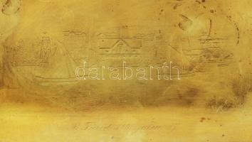 1891 Balatonfüredi emlék. Réz tál, parti életképpel vitorlás hajókkal és felirattal vésett. 23x14 cm