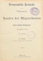 Stenographische Protokolle über die Sitzungen des Hauses der Abgeordneten des österreichischen Reichsrates im Jahre 1910. XX. Session. IV. Band. Wien, 1910, k. k. Hof- und Staatsdruckerei, 1 sztl. lev.+ 3845-4769 p. Német nyelven. Korabeli félbőr-kötésben, kissé sérült gerinccel, intézményi bélyegzőkkel.
