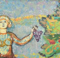 Szinte Gábor (1928-2012): Szüret, pannóterv, Kecskemét Aranyhomok (?) szálló. Tempera, papír, jelzet...