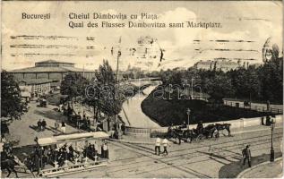 1911 Bucharest, Bukarest, Bucuresti, Bucuresci; Cheiul Dambovita cu Piata / Quai des Flusses Dambovitza samt Marktplatz / quay, market square, horse-drawn tram (EK)