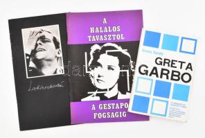 3 db filmművészet témájú kiadvány: Nemes Károly: Greta Garbo. Kortársaink a filmművészetben.; Kristóf Károly: A halálos tavasztól a Gestapo fogságig.; Latinovits Zoltán. A színész arca 2. Vegyes állapotban.