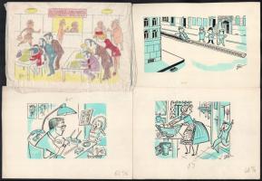 Szegő Gizi (1902-1985): Ludas Matyiban megjelent grafikák, karikatúrák vázlatai. 16 db. Vegyes technika, papír, mind jelzett. Többségének hátoldalán "Ludas Matyi Szerkesztősége" vagy "Ludas Magazin" bélyegzővel. 11x15 cm és 15x21,5 közötti méretekben.