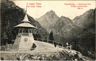 1908 Tátra, Magas-Tátra, Vysoké Tatry; Tarpatak-völgy, Szilágyi Dezső emléktorony, kilátó. Divald Károly 1469-1908. / Kohlbacher Tal, Szilágyi-Denkmal / Studená dolina / memorial lookout tower, monument (EK)