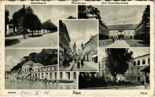 1943 Pápa, Strand, fürdőzők, Esterházy út, Kossuth utca, Gróf Esterházy kastély, zárda (EK)