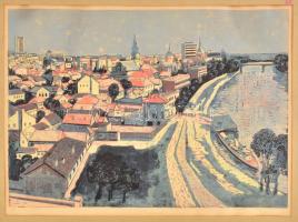Mészáros Lajos (1925-1971): Szolnok. Linómetszet, papír, jelzett, paszpartuban. 42x60 cm.