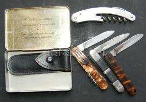 5db vegyes régi és új bicska bőrtokkal régi reklámos dobozban