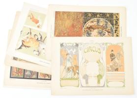 cca 1900-1910 Dekorative Vorbilder, össz. 10 db, szecessziós, historizáló és japonizáló ornamentikával, illusztrációval díszített nyomat. Egyik Georg Sturm (1855-1923) cirkuszi témájú akvarellje után, egy másik František (Franz) Kupka (1871-1957) műve. Egy lapon Anton Seder (1850-1916) üvegterveivel. Helyenként lap széle kissé szakadt és kissé foltos. Lapméret: kb. 35x25 cm, egy lap 35x50 cm