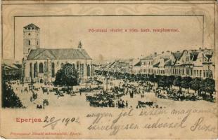 1902 Eperjes, Presov; Fő utca, Római katolikus templom, piac. Fénynyomat Divald műintézetéből / main street, Catholic church, market (b)