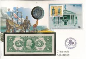 Salvador 1983. 5C bankjegy + Kuba 1990. 1P Cu-Ni "Indulás Palos kikötőjéből" érme közös borítékon, bélyeggel és bélyegzéssel T:UNC Salvador 1983. 5 Colones banknote + Cuba 1990. 1 Peso Cu-Ni "Departure from the port of Palos" coin on envelope with stamp and cancellation C:UNC