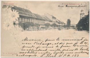 1901 Kolozsvár, Cluj; Deák Ferenc utca, piac. Kováts P. fiai 96. sz. / street view, market. Art Nouveau, floral (EK)