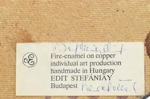 Stefániay Edit (1936 - ): Pihenés. Tűzzománc kép, keretben. Jobb felső sarkánál sérüléssel, hátoldal...