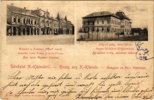 1902 Nagykikinda, Kikinda; Ferenc József tér, Állami polgári leányiskola, Rádák János üzlete és saját kiadása / square, girls' school, publisher's shop (ragasztónyom / glue marks)