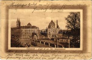 1915 Temesvár, Timisoara; Liget út az izraelita templommal, zsinagóga, villamos / street view, synagogue, tram (ragasztónyom / glue marks)