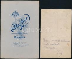 cca 1900-1910 Huszáregyenruhás fiú lóháton, szablyával, keményhátú kabinetfotó Alscher orsovai műter...