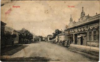 1910 Margitta, Marghita; Fő utca, üzletek. Pollák Lajos kiadása / main street, shops (lyuk / hole)