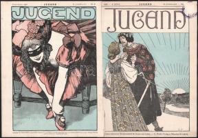 1897 a Jugend c. német folyóirat II. évf. össz. 6 db illusztrált borítója, részben sérült. 29,5x22,5 cm. A Jugend c. folyóiratról kapta nevát a német Jugendstil.